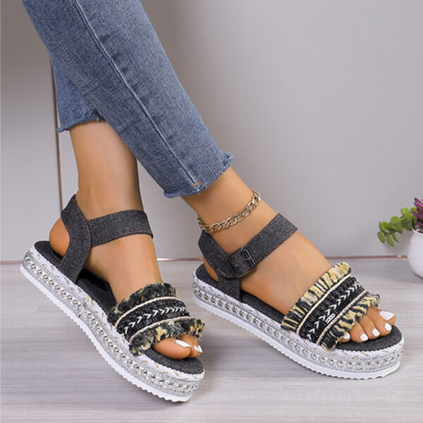 Fashion Tassel Denim Sandals whit Flat Heel New Summer Hemp Rope Sole Ethnic Style Shoesc - Image 6
