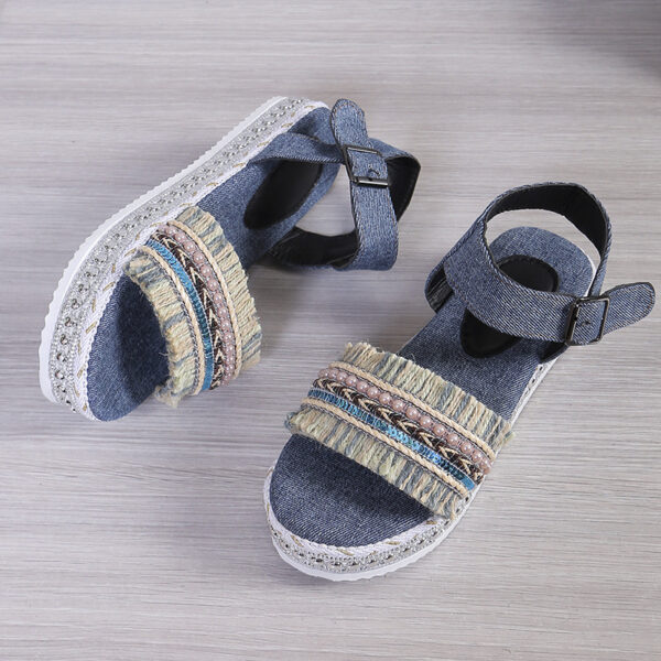 Fashion Tassel Denim Sandals whit Flat Heel New Summer Hemp Rope Sole Ethnic Style Shoesc - Image 5