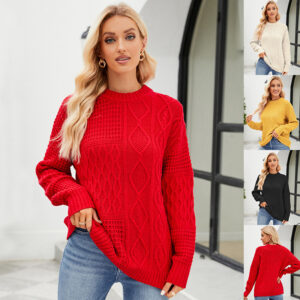Casual Round-neck Pullover Sweater Fall Winter Solid Color Cable-knot Pattern Tops Women