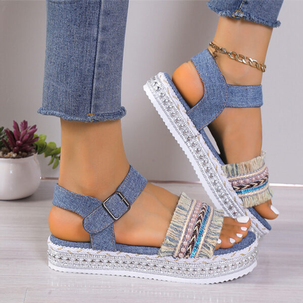 Fashion Tassel Denim Sandals whit Flat Heel New Summer Hemp Rope Sole Ethnic Style Shoesc - Image 3