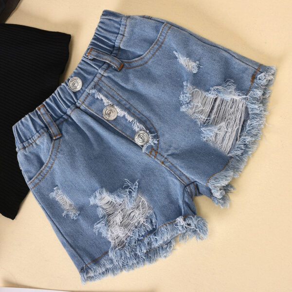 Children'S Clothing Cotton Dot Mesh Sleeves Striped Top Ripped Denim Shorts Kids Suit - Image 3