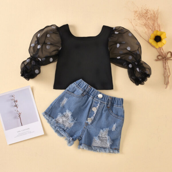 Children'S Clothing Cotton Dot Mesh Sleeves Striped Top Ripped Denim Shorts Kids Suit - Image 2