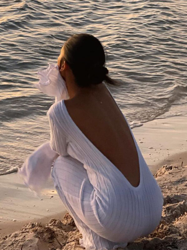 Fashion Slim Long-sleeved Ruffled Long Dress Sexy Hip-wrapped Back-less Knitted Maxi Dresses For Party Beach Womens Clothing - Image 2