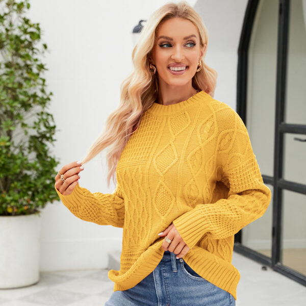 Casual Round-neck Pullover Sweater Fall Winter Solid Color Cable-knot Pattern Tops Women - Image 5