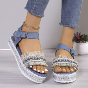 Fashion Tassel Denim Sandals whit Flat Heel New Summer Hemp Rope Sole Ethnic Style Shoesc