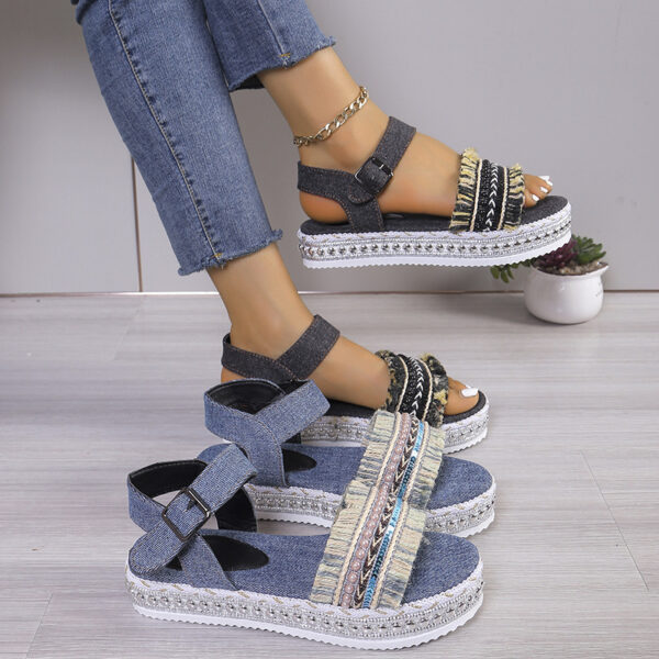 Fashion Tassel Denim Sandals whit Flat Heel New Summer Hemp Rope Sole Ethnic Style Shoesc - Image 4