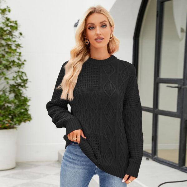 Casual Round-neck Pullover Sweater Fall Winter Solid Color Cable-knot Pattern Tops Women - Image 2