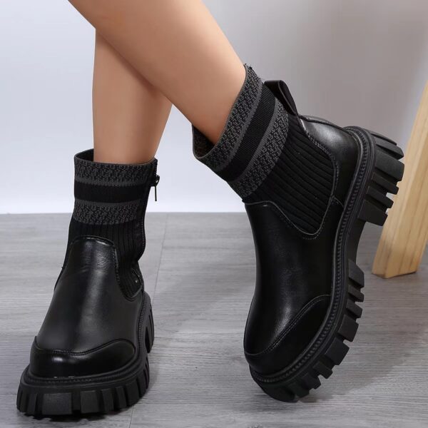 Fashion Mid-tube Boots With Zipper Design Non-slip Thick Sole Elastic Knitted Patchwork Boots For Women Round Toe Shoes Winter - Image 2