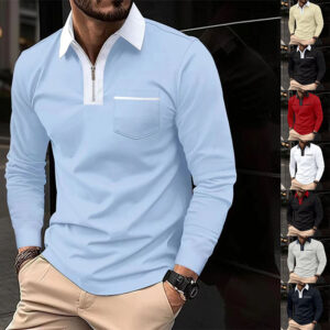 2025 Autumn Mens Long Sleeve Zipper Polo Shirts Casual Lapel Collar Zip Up Henley Shirts Cotton Sports Golf Tennis T-Shirts With Pockets