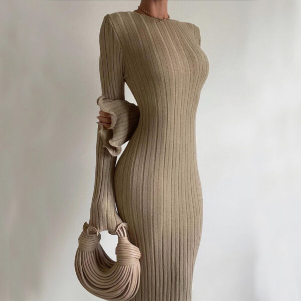 Fashion Slim Long-sleeved Ruffled Long Dress Sexy Hip-wrapped Back-less Knitted Maxi Dresses For Party Beach Womens Clothing - Image 8