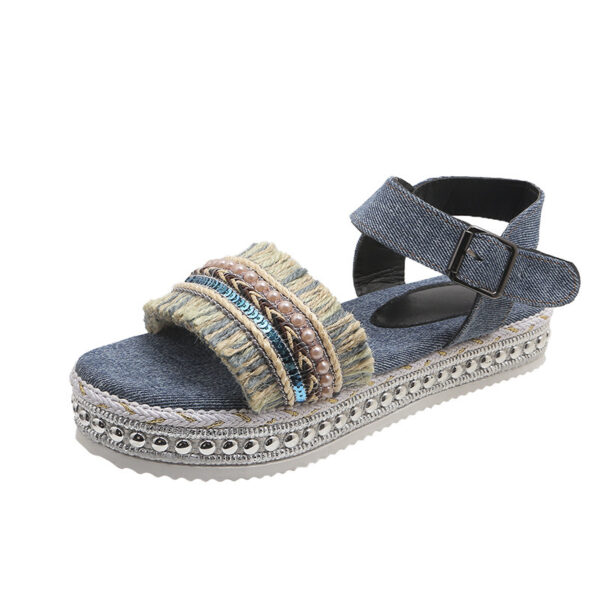Fashion Tassel Denim Sandals whit Flat Heel New Summer Hemp Rope Sole Ethnic Style Shoesc - Image 8