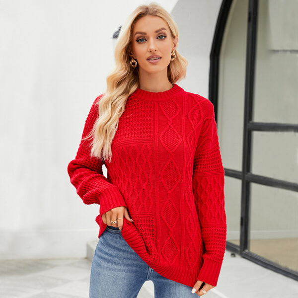 Casual Round-neck Pullover Sweater Fall Winter Solid Color Cable-knot Pattern Tops Women - Image 3